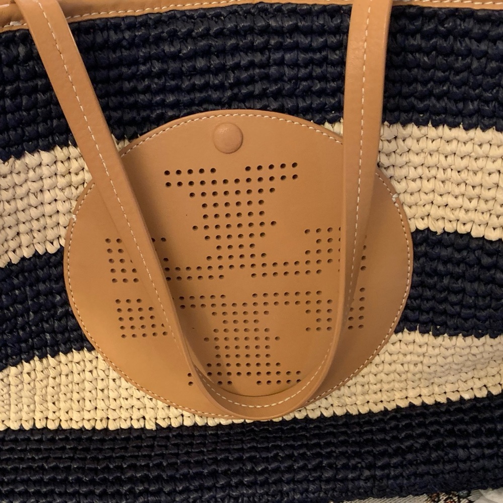 Perforated Striped Straw Tory Burch Tote